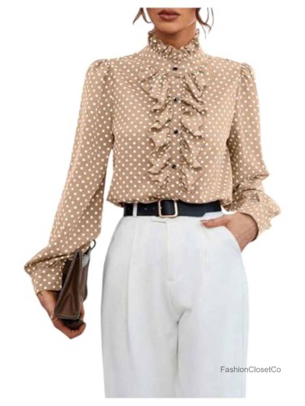 Polka Dot Ruffle Blouse Long Sleeve Button Down Office Work Top